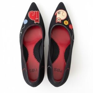 RAS Black Cat Flat Loafers 3D Embroidered Size 7